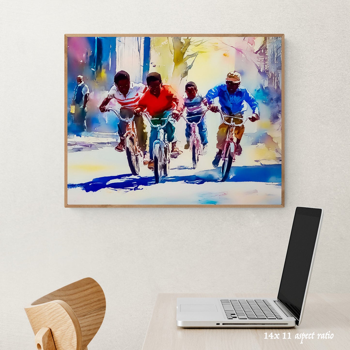 Colorful painting of black african american boys male children on bicycles hanging on a wall above a laptop.